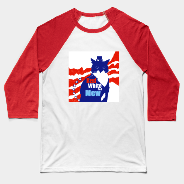 Red White and Mew Cat Baseball T-Shirt by TAP4242